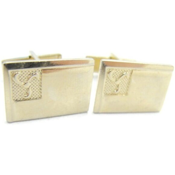 Vintage Polished w Corner Design Rectangle Cufflinks Gold Tone Signed Pat Pend - Picture 6 of 10